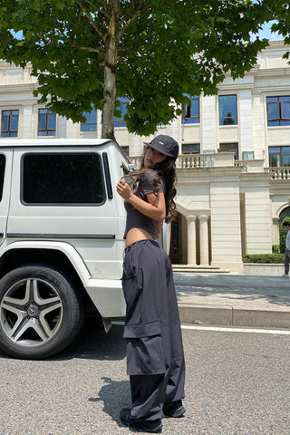 High-Waist Drawstring Cargo Parachute Pants