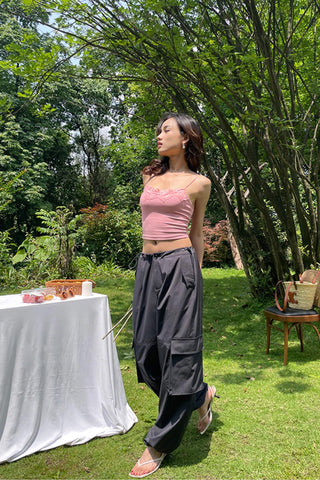 High-Waist Drawstring Cargo Parachute Pants