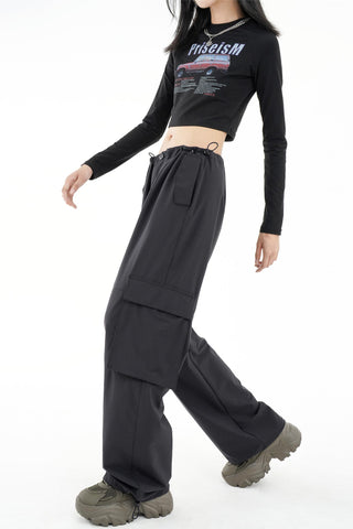 High-Waist Drawstring Cargo Parachute Pants