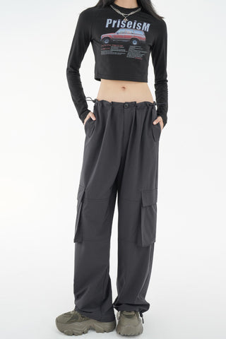 High-Waist Drawstring Cargo Parachute Pants