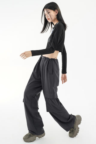 High-Waist Drawstring Cargo Parachute Pants