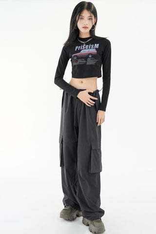 High-Waist Drawstring Cargo Parachute Pants