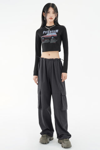 High-Waist Drawstring Cargo Parachute Pants