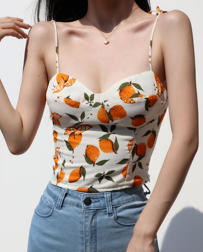 lemon print V-neck pleated strap top