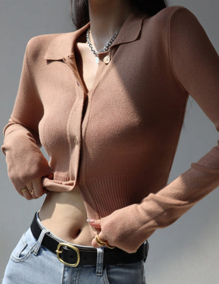 Polo Collar Button Long Sleeve Cardigan