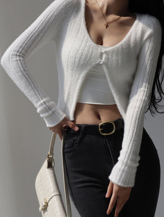 V-neck furry knitted  long-sleeved cardigan