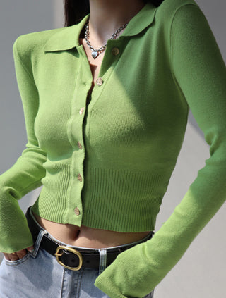 Polo Collar Button Long Sleeve Cardigan