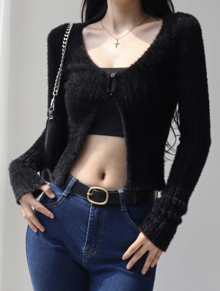V-neck furry knitted  long-sleeved cardigan