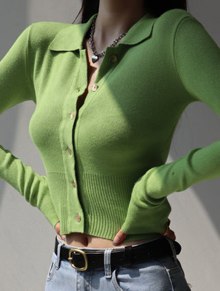Polo Collar Button Long Sleeve Cardigan