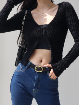 V-neck furry knitted  long-sleeved cardigan