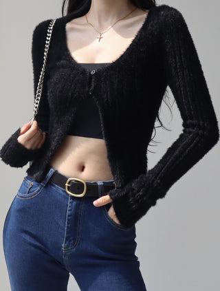 V-neck furry knitted  long-sleeved cardigan