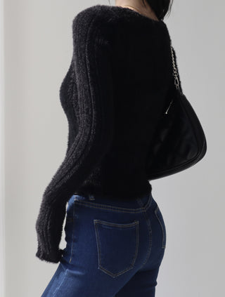 V-neck furry knitted  long-sleeved cardigan