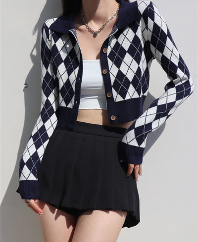 retro lapel plaid long-sleeved knitted sweater