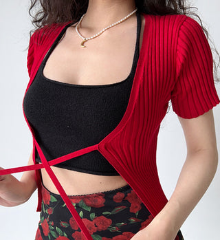 Red v-neck short sleeve knitted cardigan