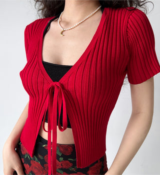 Red v-neck short sleeve knitted cardigan