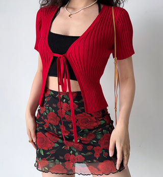 Red v-neck short sleeve knitted cardigan