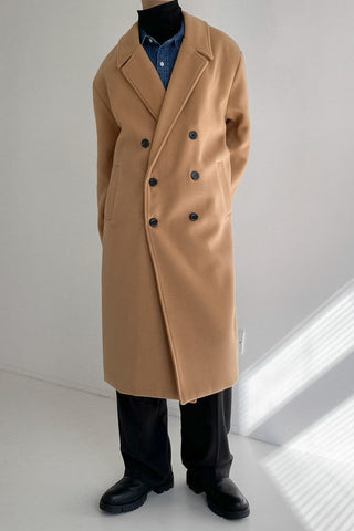 Double-breasted mid-length woolen coat