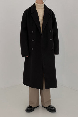 Double-breasted mid-length woolen coat
