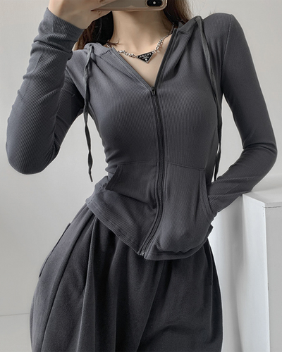 GRAY LIGHTWEIGHT FORM FIT ZIP-UP HOODED JACKET