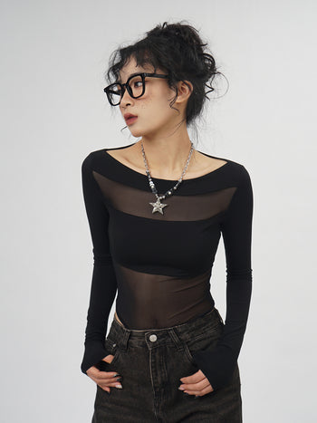 Black mesh long sleeve bodysuit