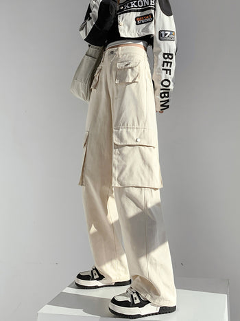 high waist straight loose Drape drawstring cargo pant