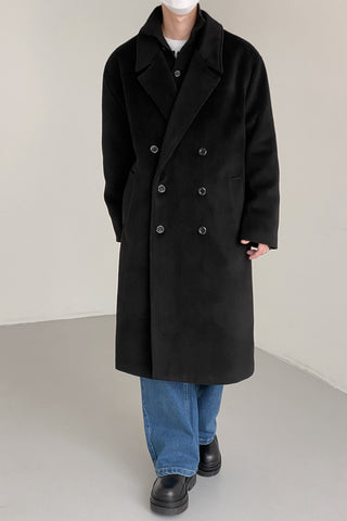 Double-breasted over-the-knee thickened woolen coat