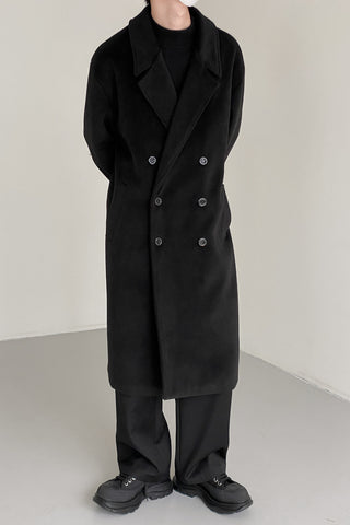Double-breasted over-the-knee thickened woolen coat