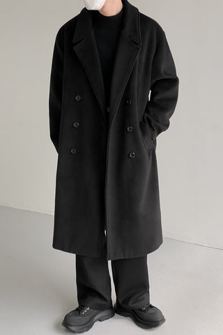 Double-breasted over-the-knee thickened woolen coat