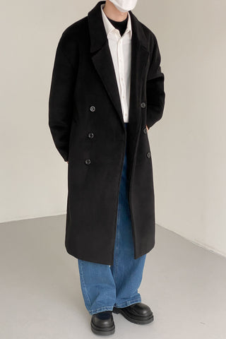 Double-breasted over-the-knee thickened woolen coat