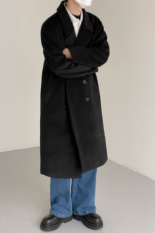 Double-breasted over-the-knee thickened woolen coat