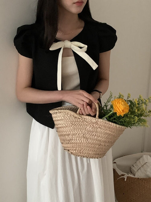 Korean bow tie Coquette puff sleeve top