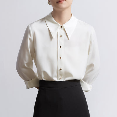 satin pointed collar white long sleeve shirt