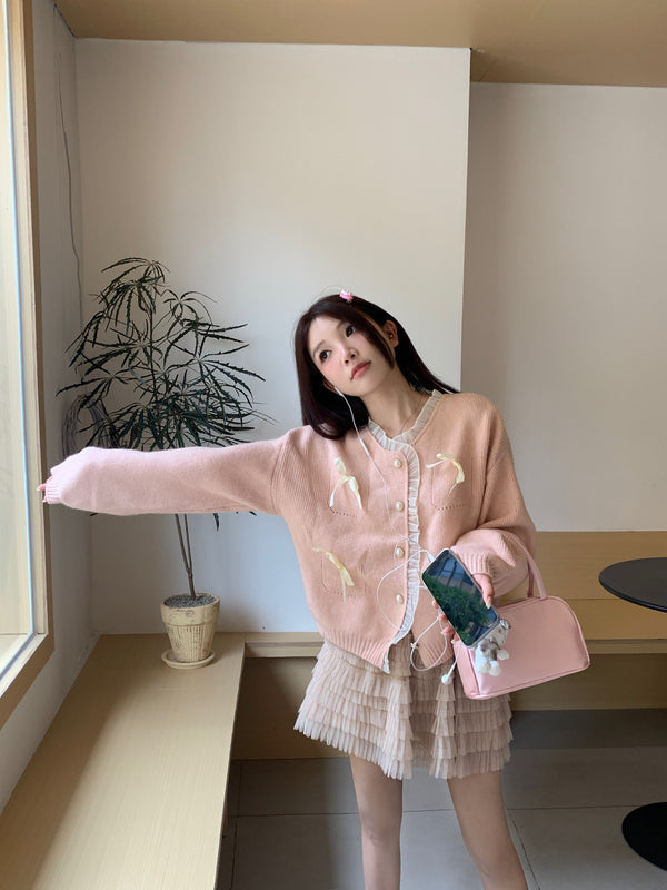 bow lace knitted cardigan