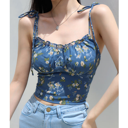 floral side tie rope elastic pleated top