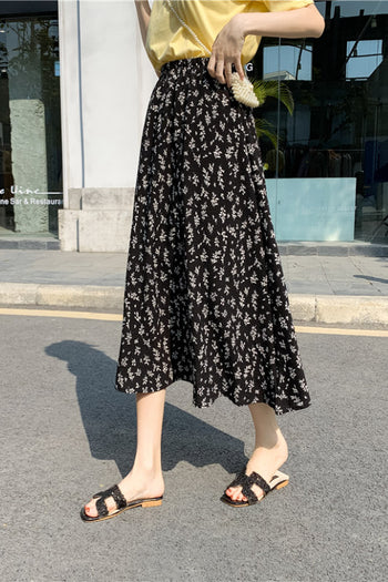 high waist chiffon floral long skirt