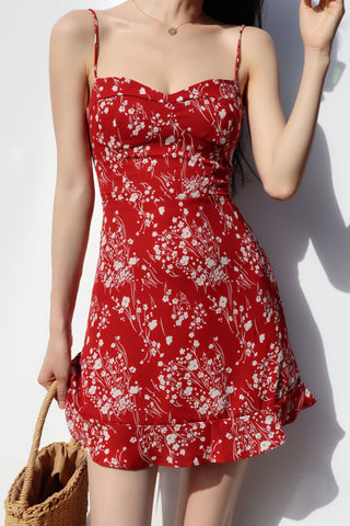 French Red V-Neck Floral Short Dress