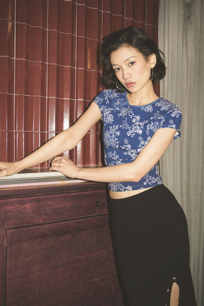 elastic slim waist floral print top