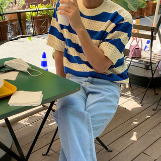 Round neck short-sleeved striped T-shirt