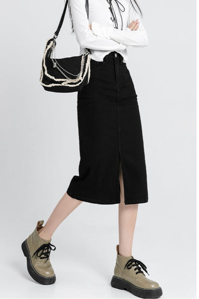 front slit high waist denim skirt