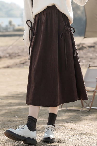 High Waist retro pocket tie Corduroy Skirt