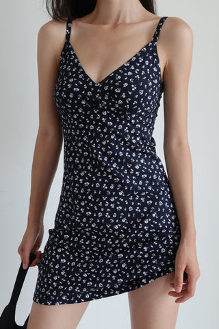 retro v-neck floral suspender a-line dress