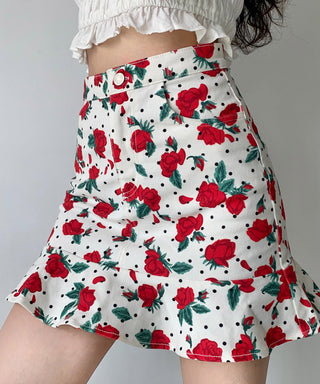 Retro Rose Print Ruffle High Waist fishtail Skirt