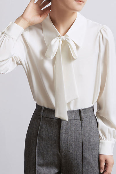 Solid long-sleeved shirt with detachable bowknot