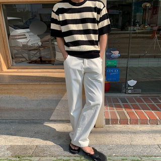 Round neck short-sleeved striped T-shirt