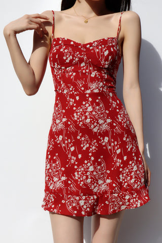 French Red V-Neck Floral Short Dress