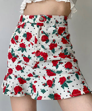 Retro Rose Print Ruffle High Waist fishtail Skirt