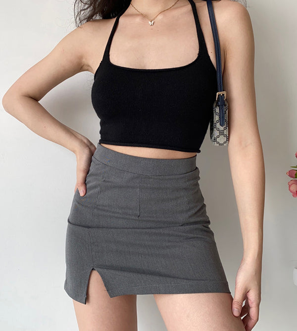 gray small side slit high waist skirt