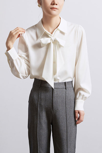 long-sleeved satin shirt with detachable  bowknot