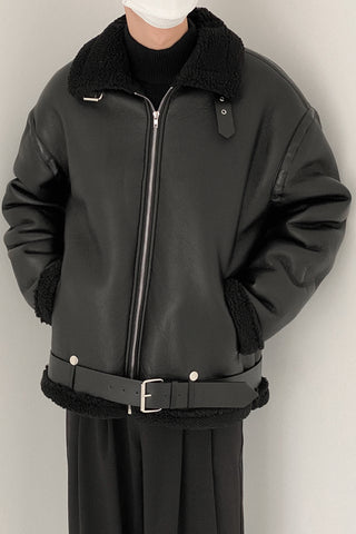 Fleece stand-up collar Leather Jacket