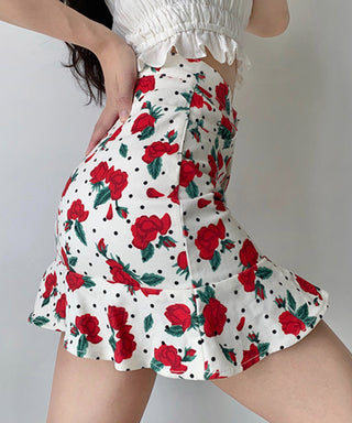 Retro Rose Print Ruffle High Waist fishtail Skirt